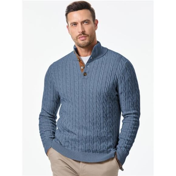 NEW Men's Cable Knit Pullover Sweater Casual Long Sleeve Stand Collar - Picture 3 of 6